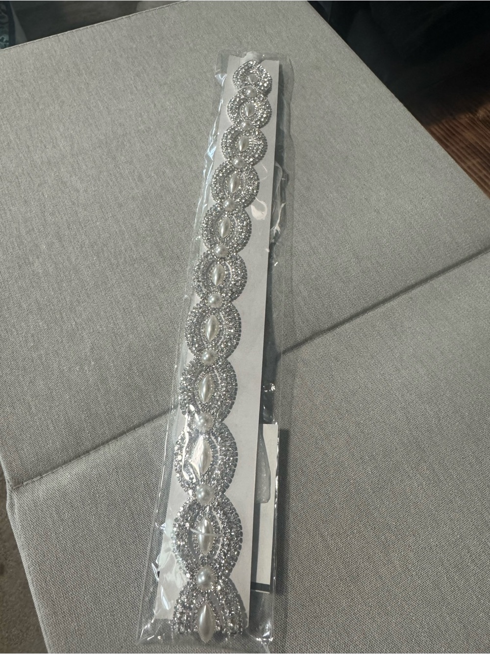 David's Bridal Silver Crystal and Pearl Hair Sash
